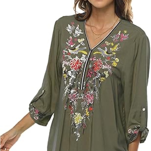 $55 Floral Embroidered V-Neck Boho Top - Olive Medium - Picture 6 of 6